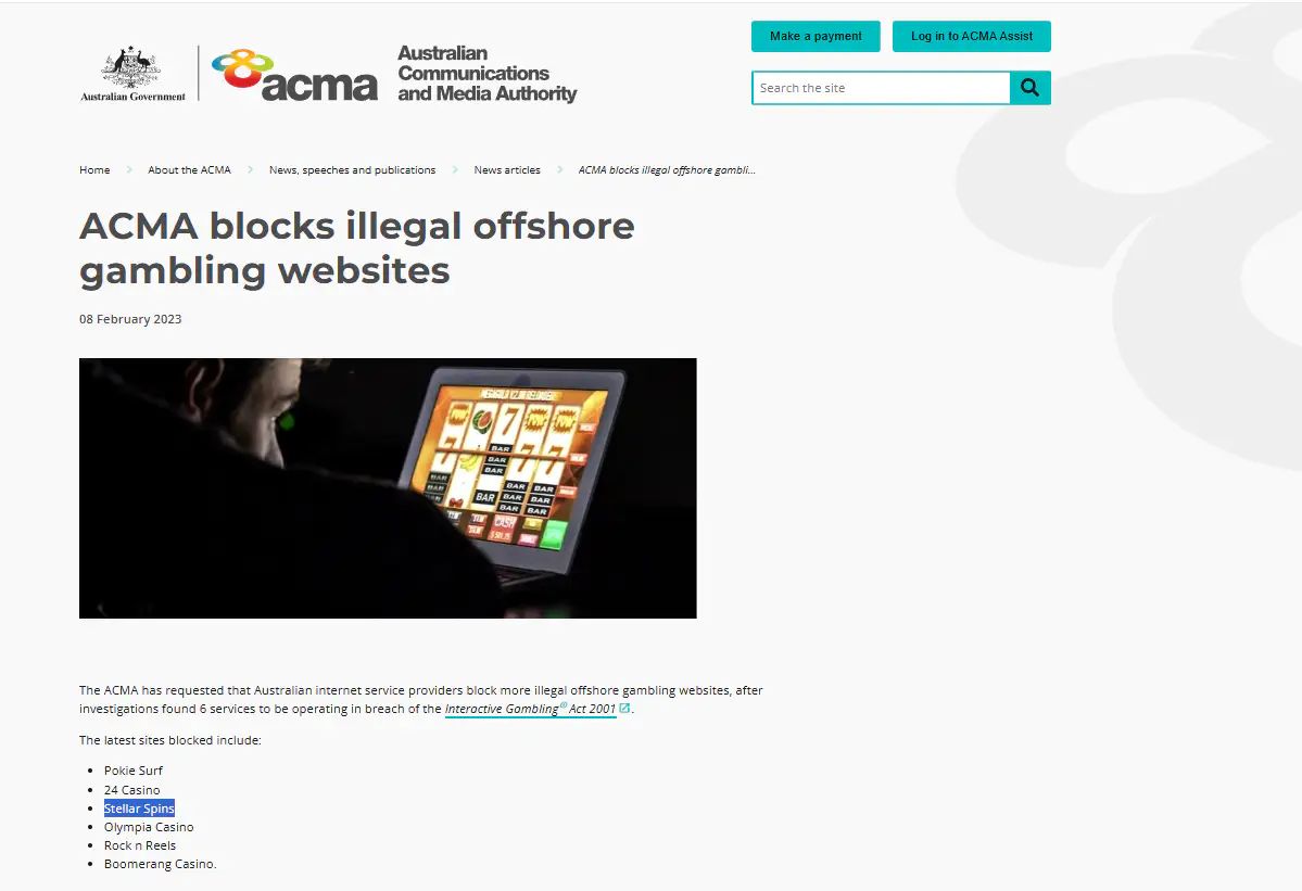 ACMA page naming Stellar Spins in an Australian illegal offshore gambling blocking action