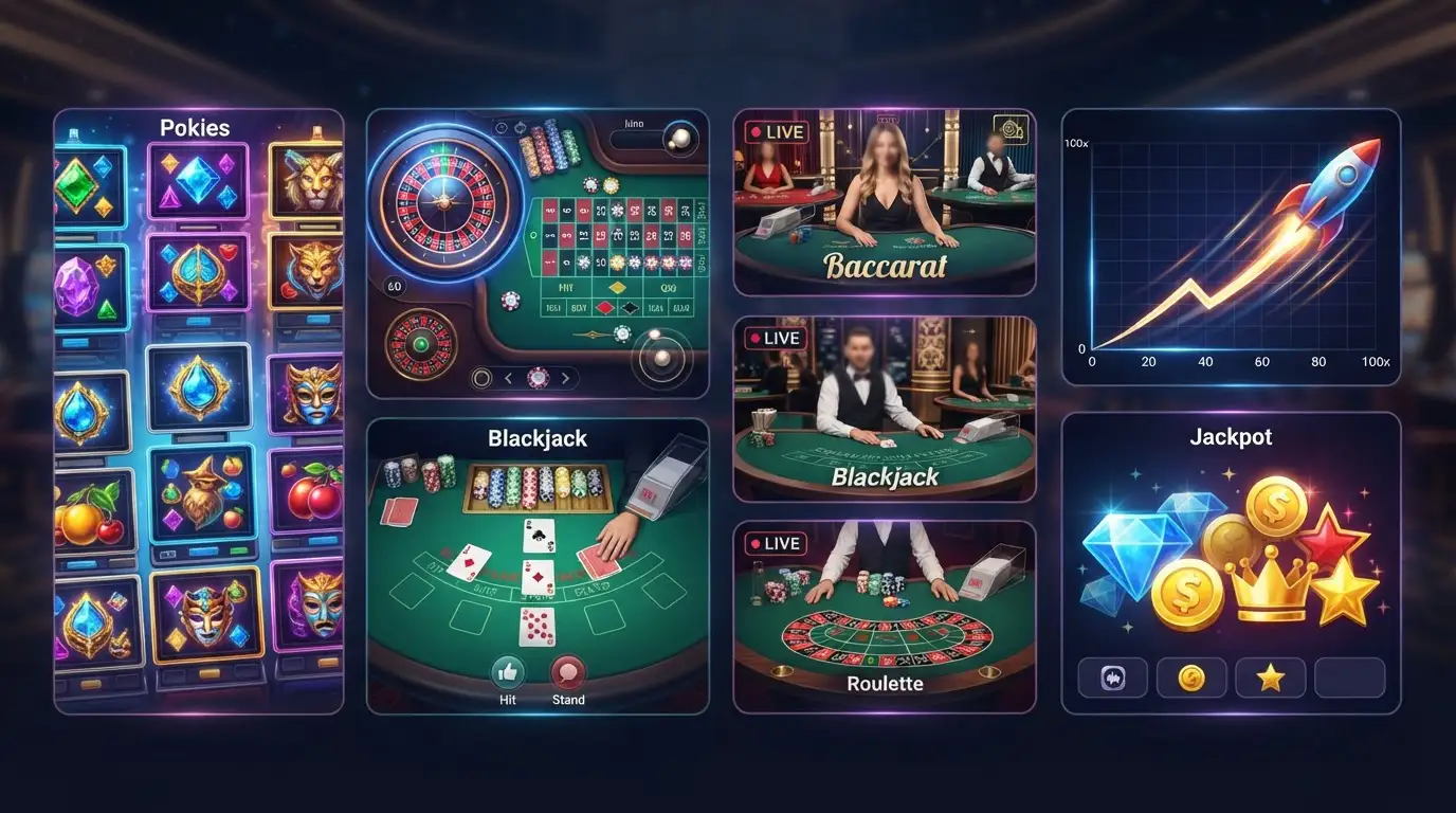Casino game lobby showing pokies, roulette, blackjack and live-dealer tables