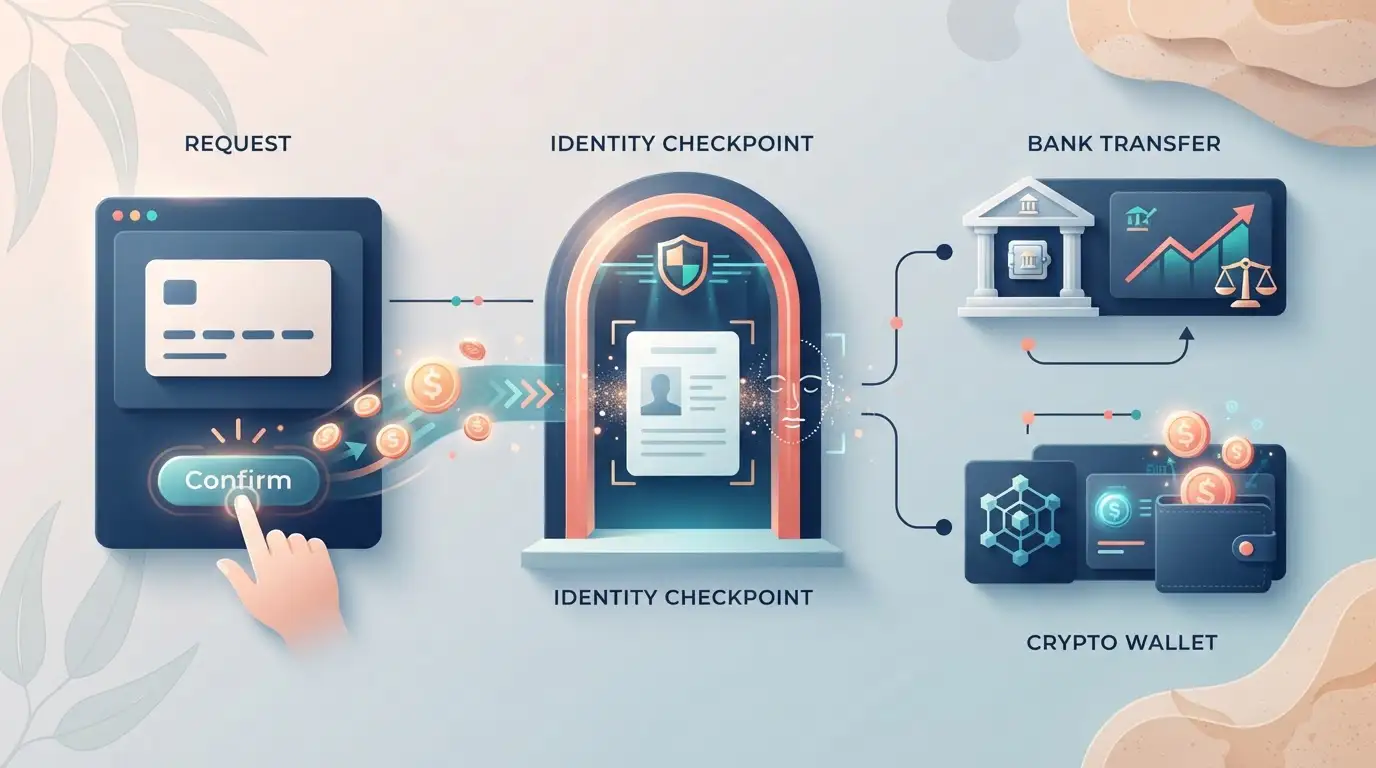 Withdrawal request moving through identity verification toward bank and cryptocurrency payout options