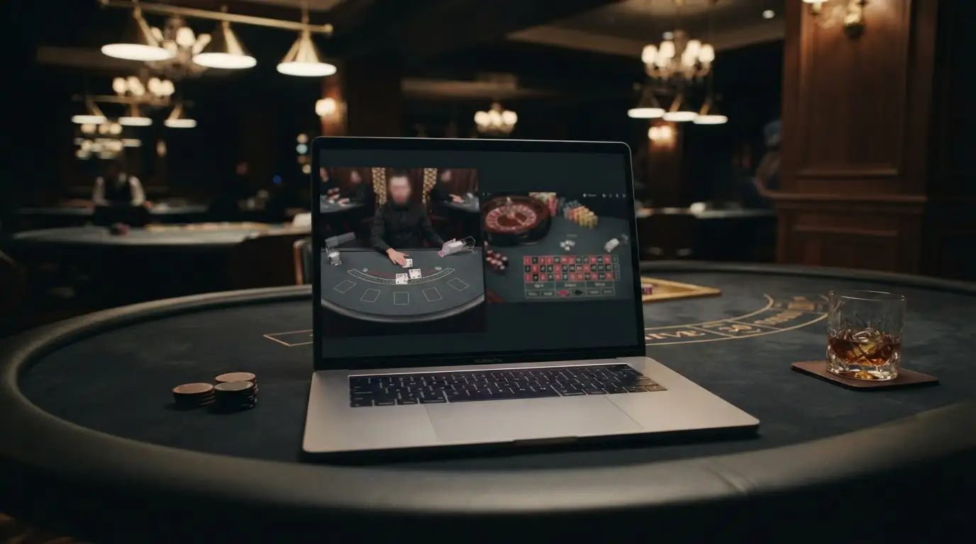 Live roulette and blackjack tables displayed on a laptop in a modern casino setting