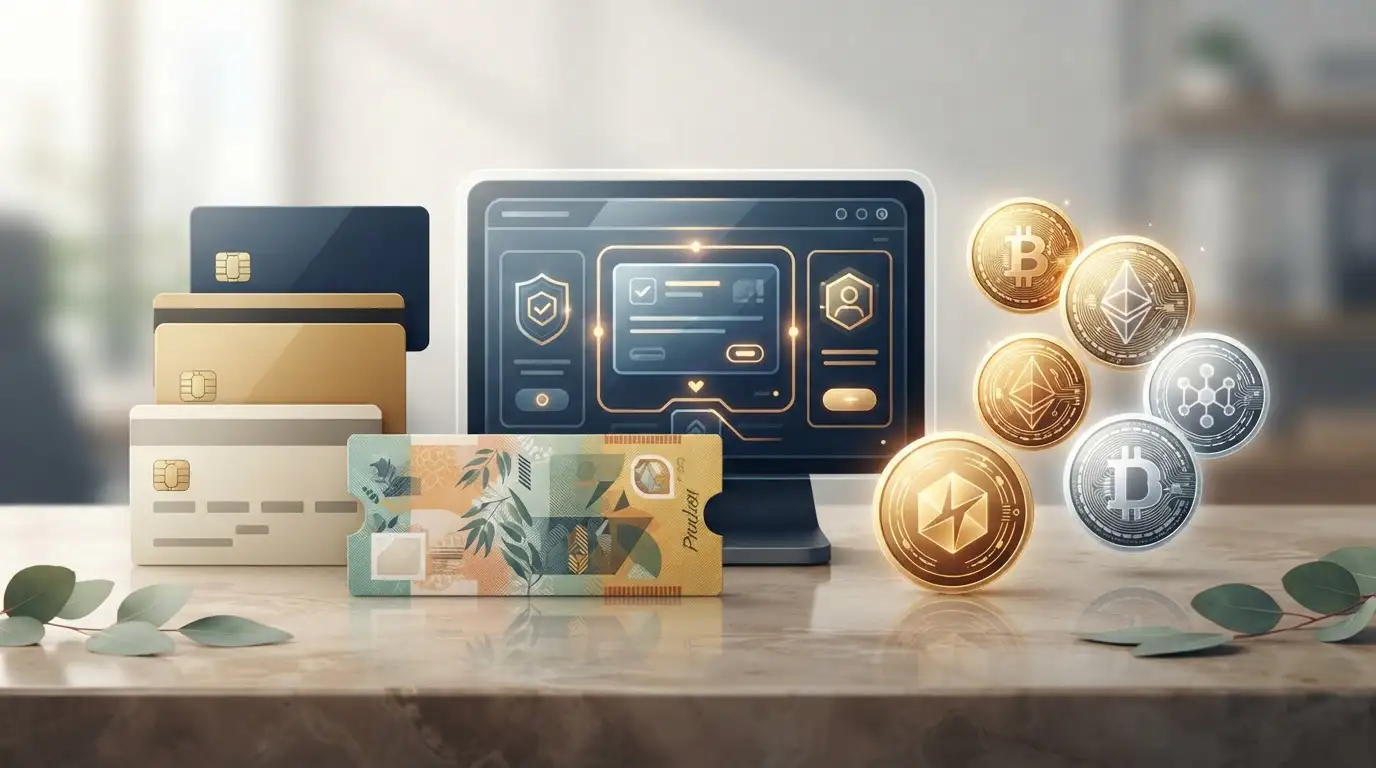 Australian dollar payment choices with bank cards, a prepaid voucher and cryptocurrency icons